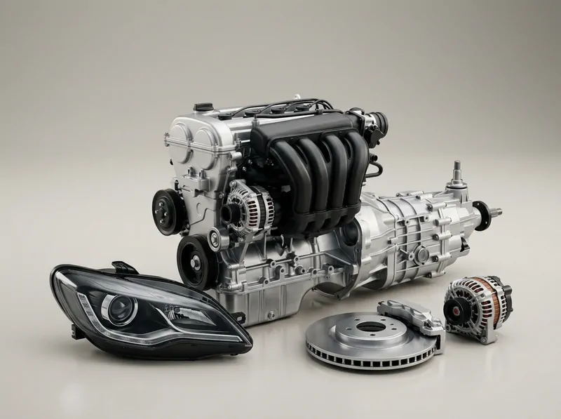 Motor, şanzıman, far ve diğer otomotiv parçalarından oluşan temsili görsel